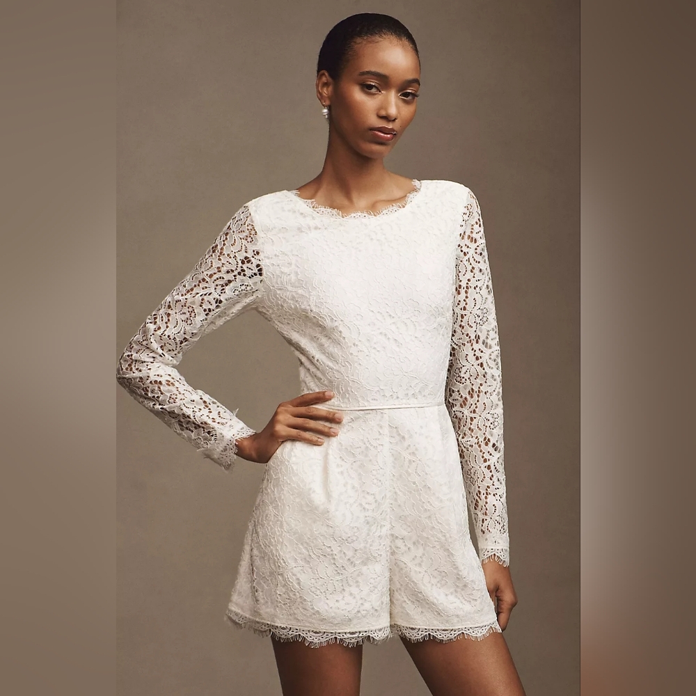 EUC BHLDN Mock Neck Long Sleeve Bow Back Lace Romper Size 12 Ivory